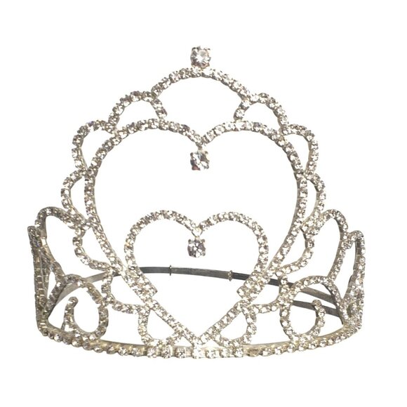 Crystal Heart Tiara Adjustable Band Rhinestones Silver Weddings Events Adult Lg